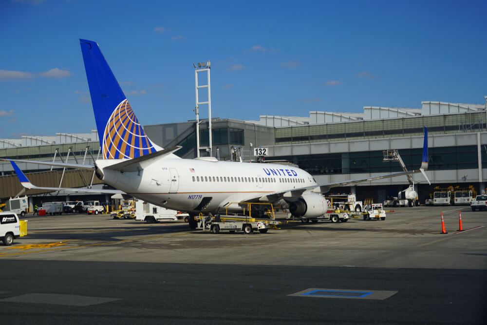 United Airlines plane waiting for passengers at Newark Liberty International Airport 