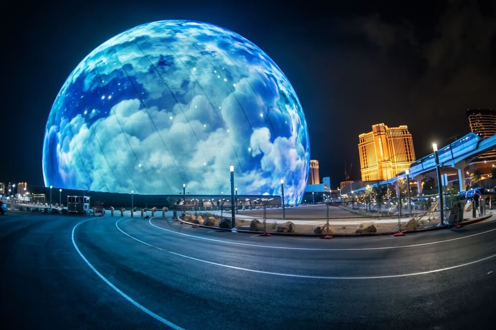 The Las Vegas Sphere shining at night 