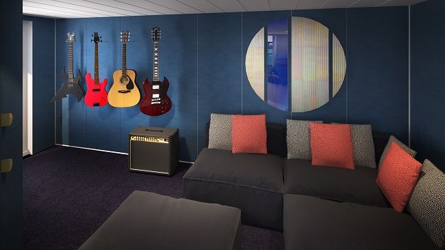 The Music Room in the Massive Suite on Virgin Voyages. 