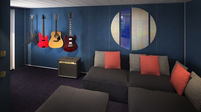 The Music Room in the Massive Suite on Virgin Voyages.