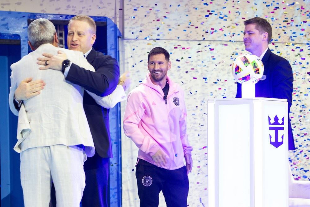 lionel messi with jason liberty and michael bayley at the christening of icon of the seas