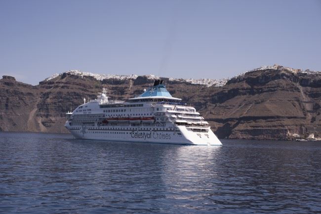 celestyal crystal cruise ship in santorini