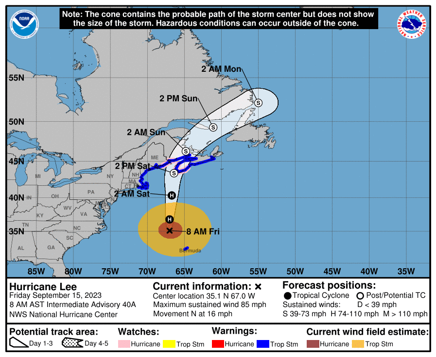 NHC Hurricane Lee warnings in New England and Atlantic Canada 