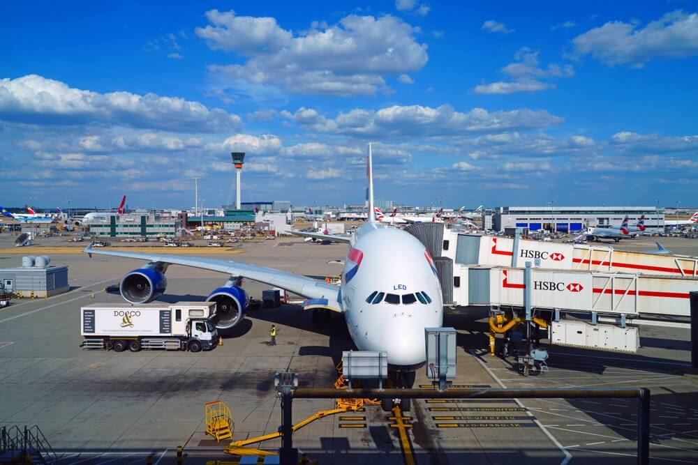 British Airways plane at London Heathrow waiting for passengers before takeoff