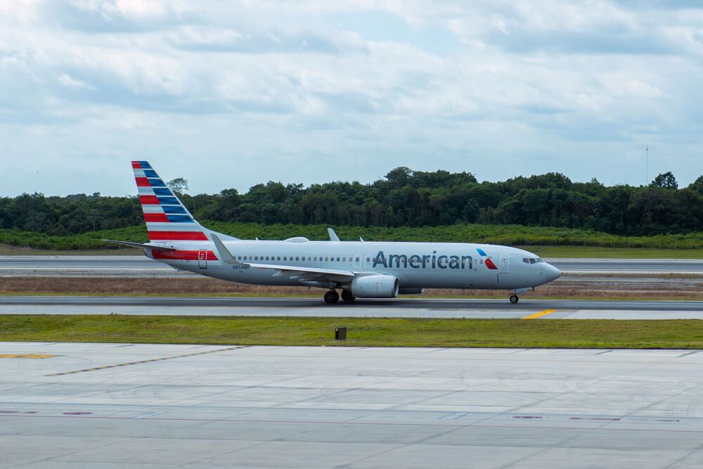 American Airlines plane on runway in Cancun 