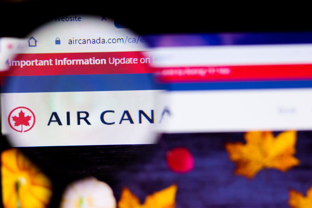 Air Canada website with magnifying glass 