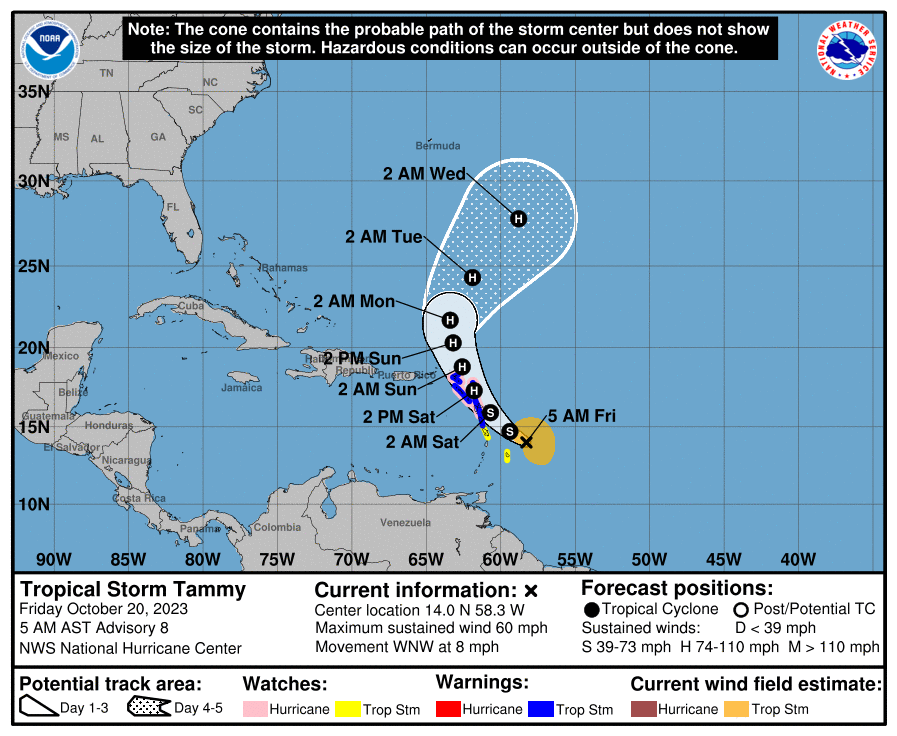 National Hurricane Center warnings graphic for Tropical Storm Tammy 