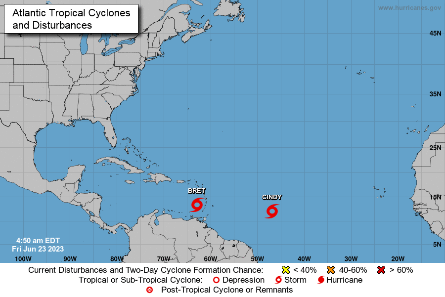NHC tracks of Tropical Storm Bret and Cindy 