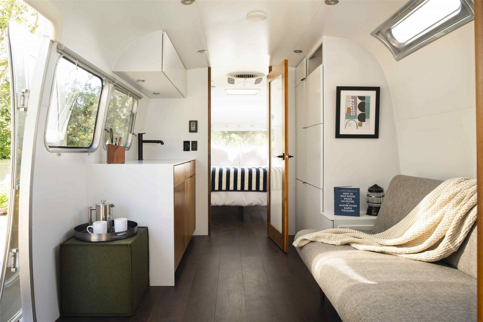 Bedroom inside a airstream of AutoCamp's Cape Code