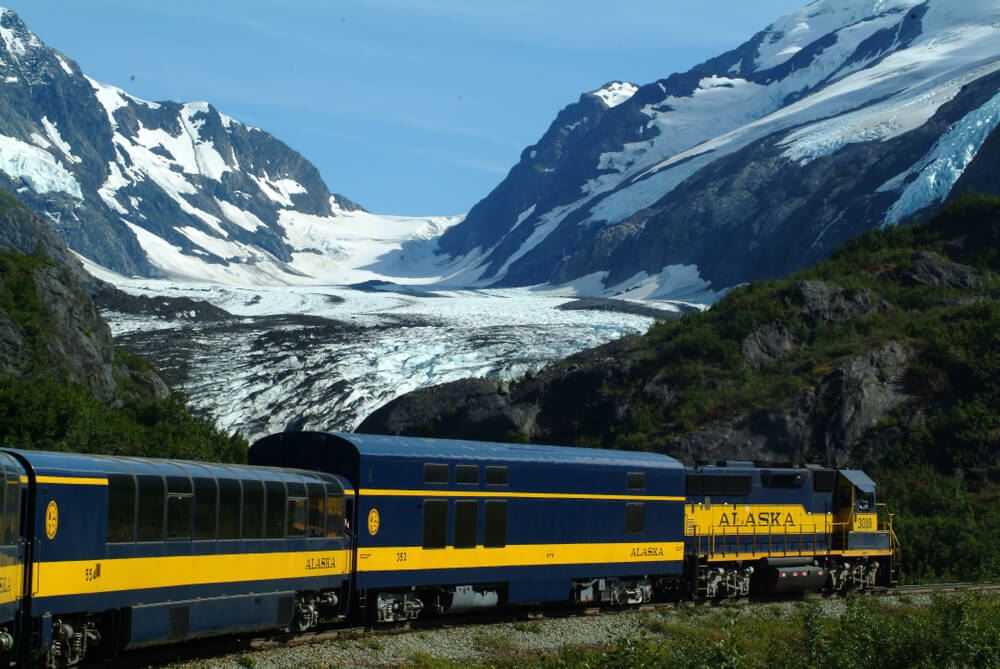 Photo of the Alaska Railroad with mountains in the background 
