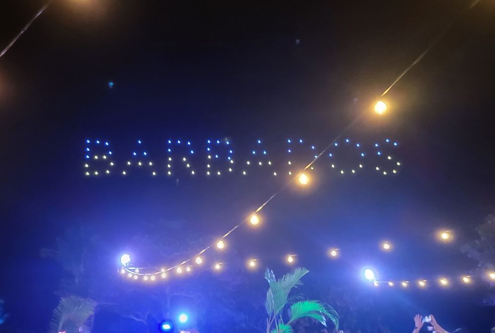 Drone lights in the sky spelling out Barbados 