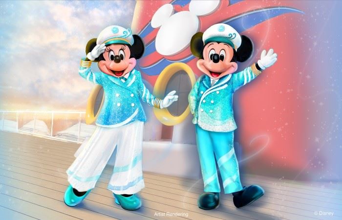 rendering of mikey mouse and minnie mouse in 25th anniversary outfits