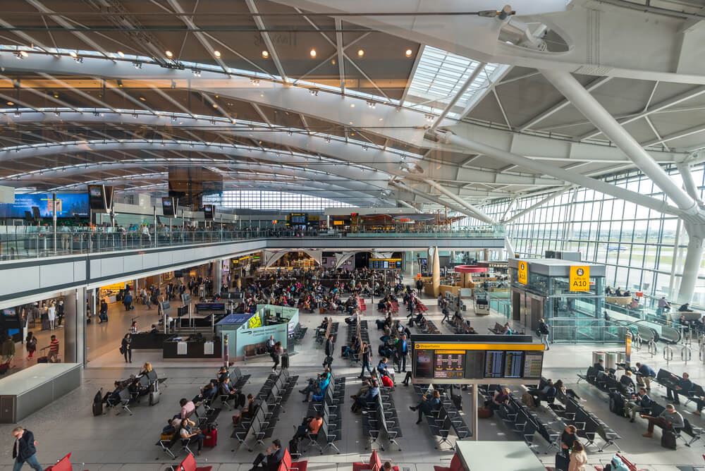 Busy terminal at London Heathrow Airport 