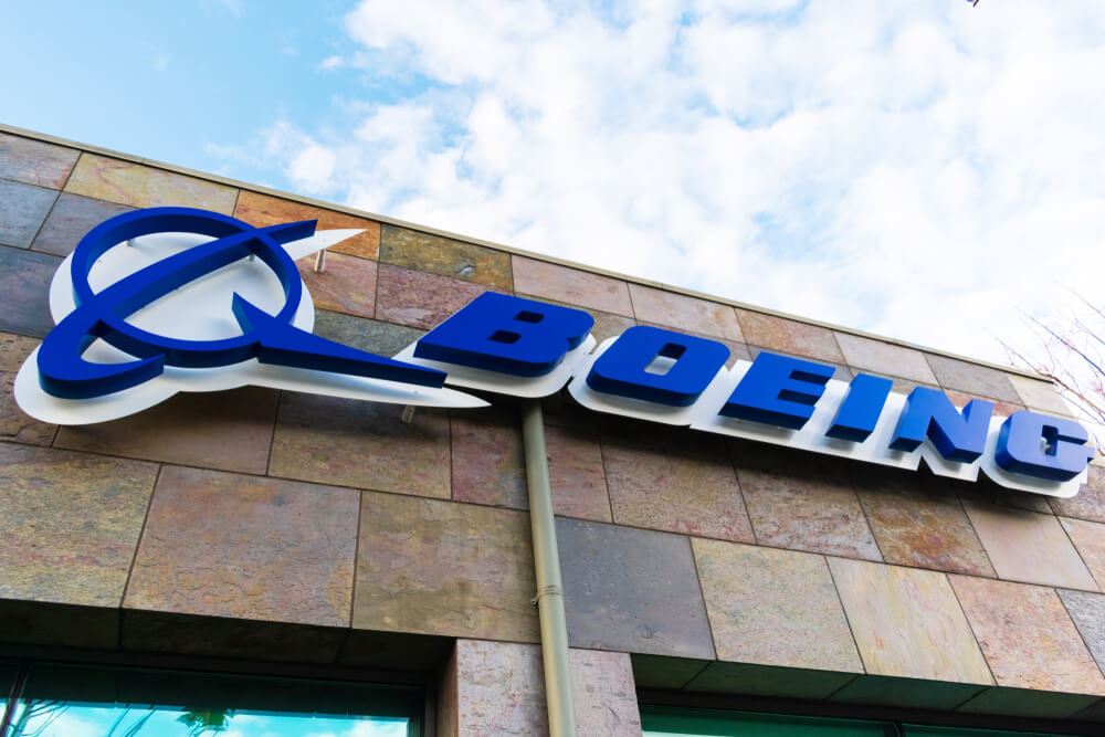 Boeing logo in front of Boeing headquarters in Seattle