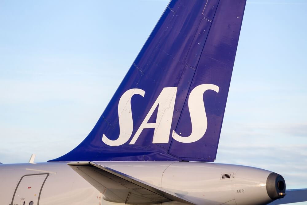 Logo on SAS airplane at airport 