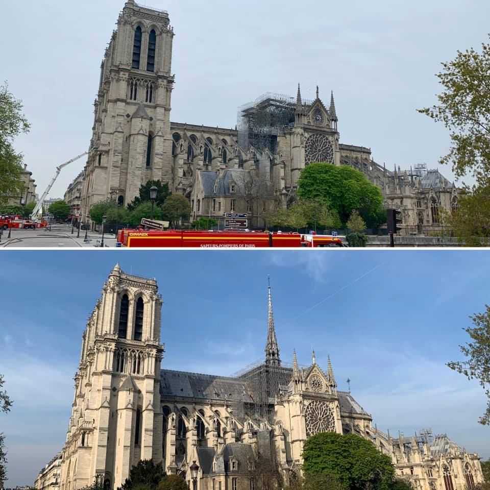 Notre Dame Cathedral before (below) and after (above) the fire. 