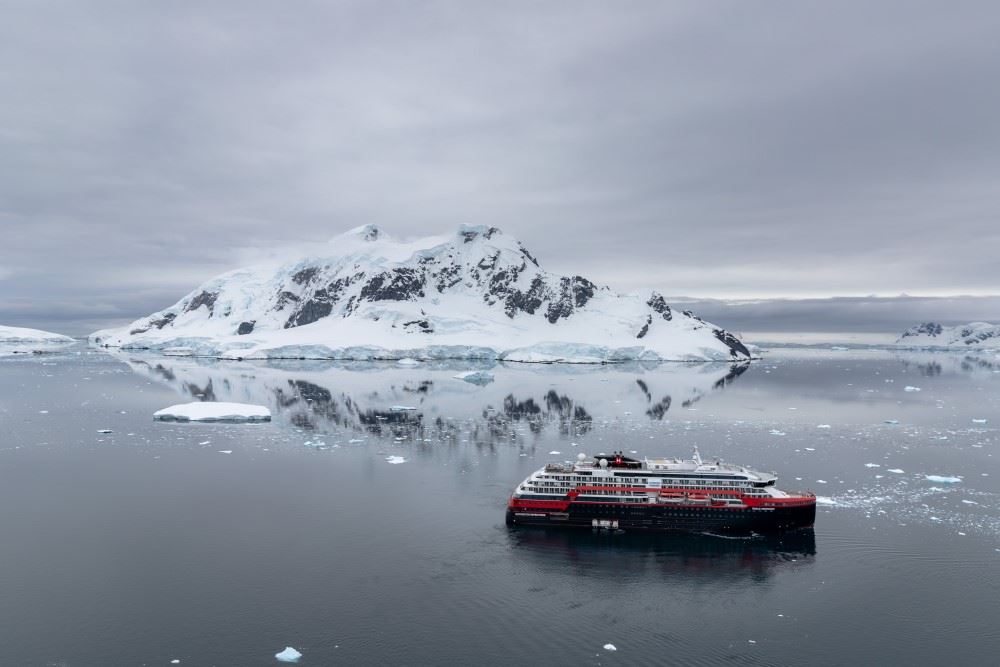 hurtigruten cruise ship at deception island in antarctica