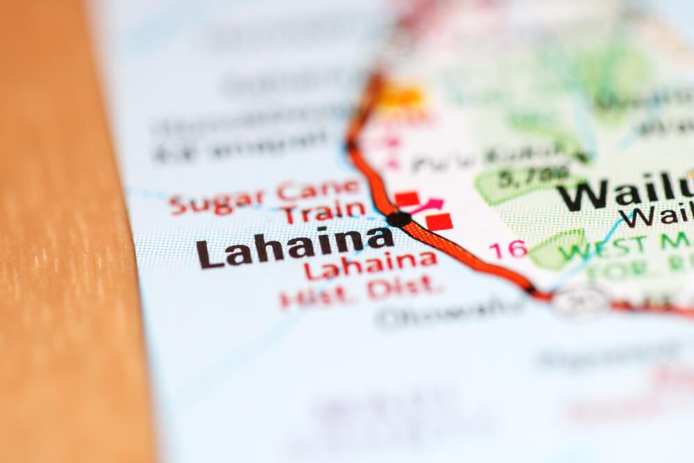 Map with Lahaina highlighted in Hawaii 