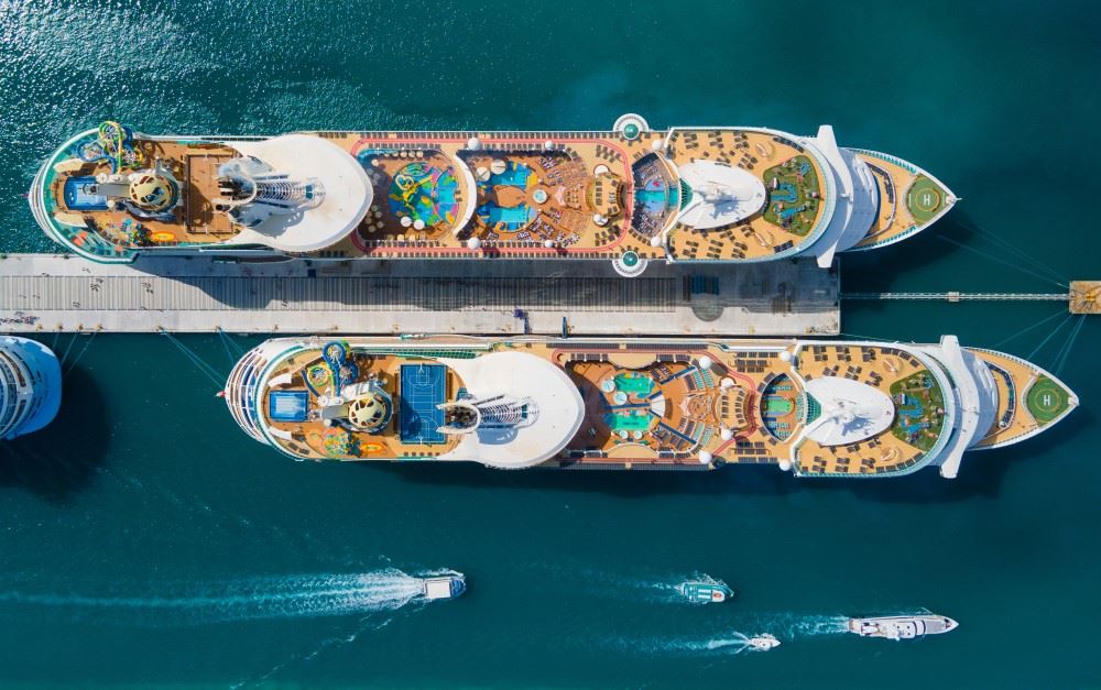 bird's eye view of two cruise ships in nassua the bahamas