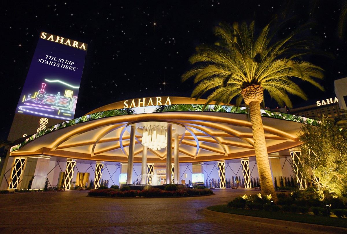 Front view of the SAHARA Las Vegas at night 