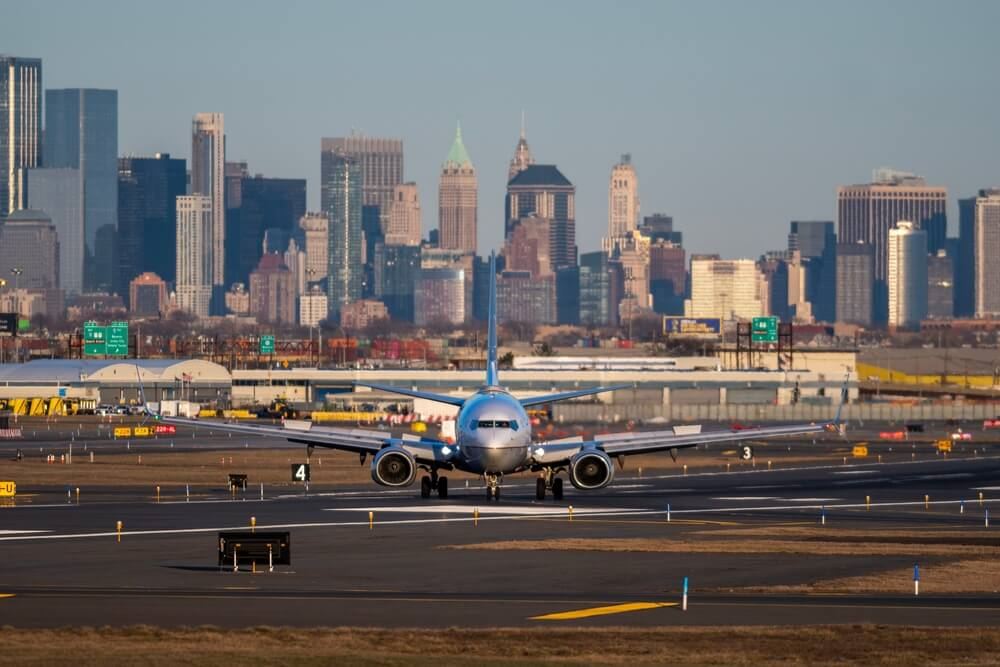 newark liberty airport runway with NYC in background