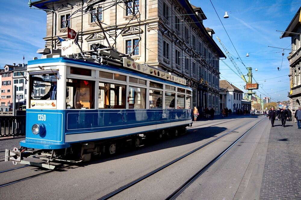 Blue tram in Zurich. 
