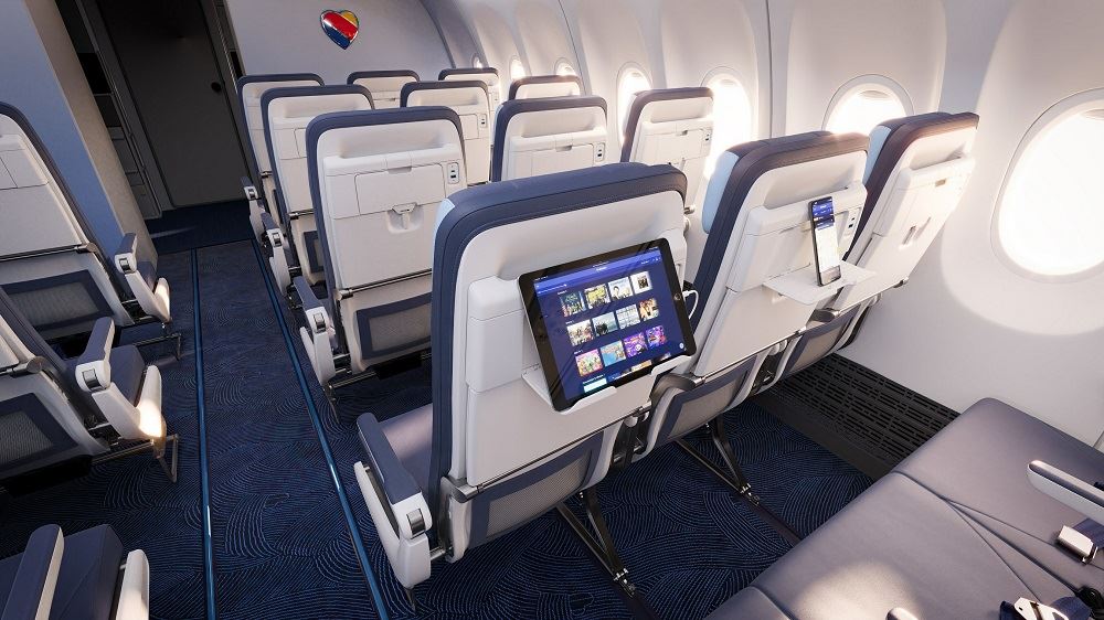 The new tablet and phone holders on Southwest's incoming fleet. 