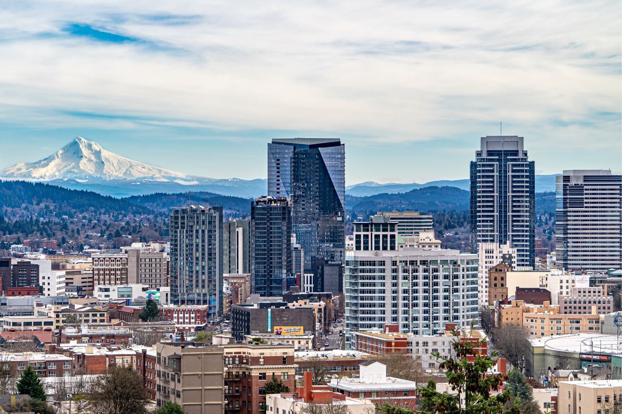 The new Ritz-Carlton Portland among the Mt. Hood skyline during the daytime 