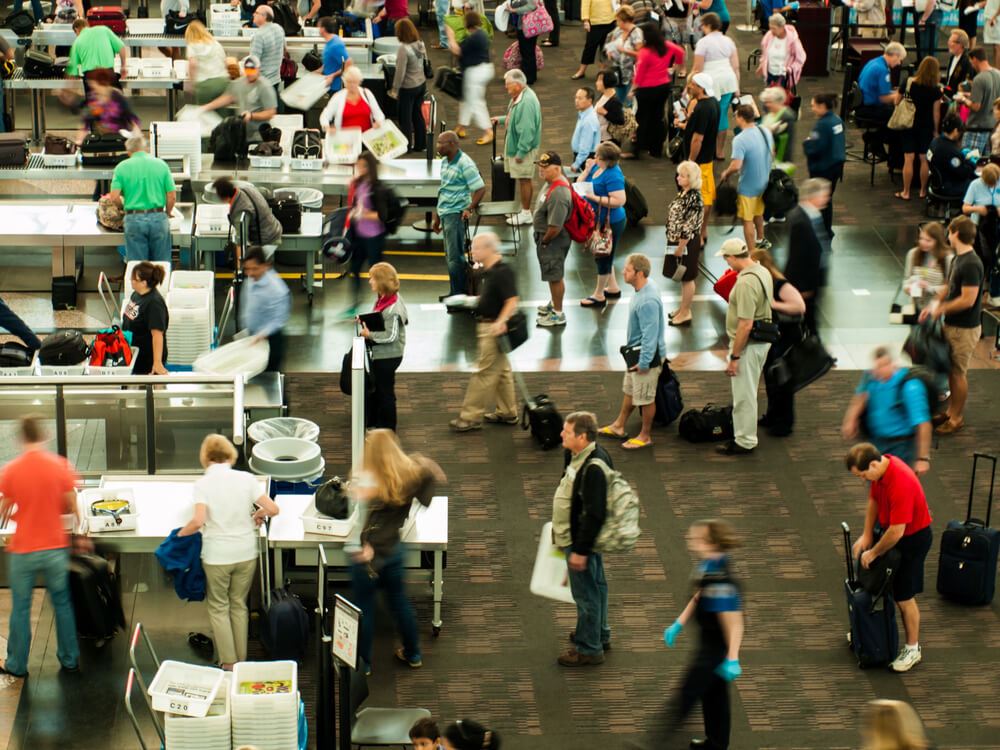 People moving through airport security 