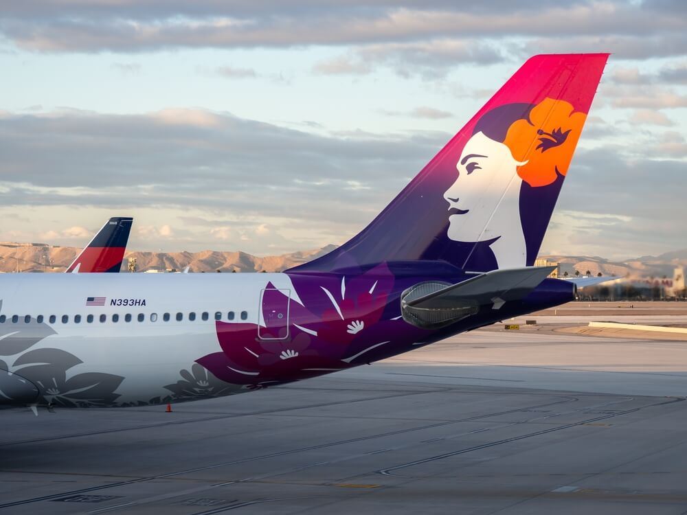 Hawaiian Airlines logo on tale of plane in Honolulu 